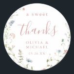 Dusty Pink Wildflower Rustic Boho thank you favour Classic Round Sticker<br><div class="desc">Elegant delicate watercolor wildflower wreath design with modern script. Pastel palettes of soft blush pink,  off white,  beige,  dusty blue,  and botanical greenery,  simple and romantic. Great for modern something blue rustic bridal shower party,   boho country garden wedding in spring and summer. 
See all the matching pieces in collection.</div>
