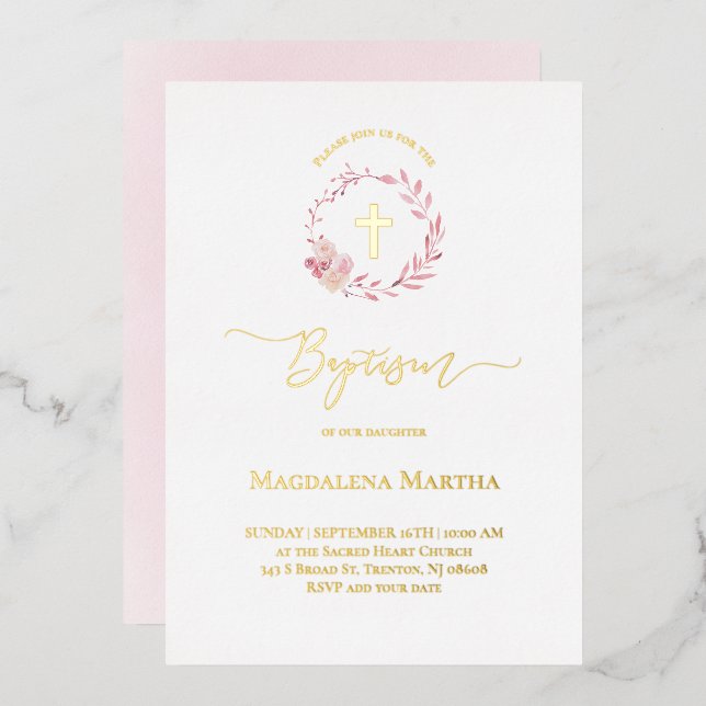 dusty pink wreath watercolor Baptism Invitation (Front/Back)