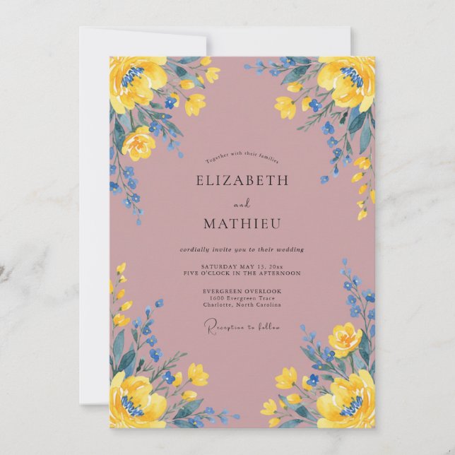 Dusty Pink Yellow Petal Wedding Invitation (Front)