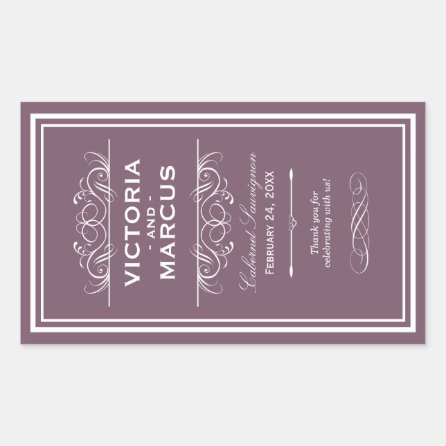 Dusty Plum Elegant Wedding Monogram Wine Bottle Rectangular Sticker (Front)