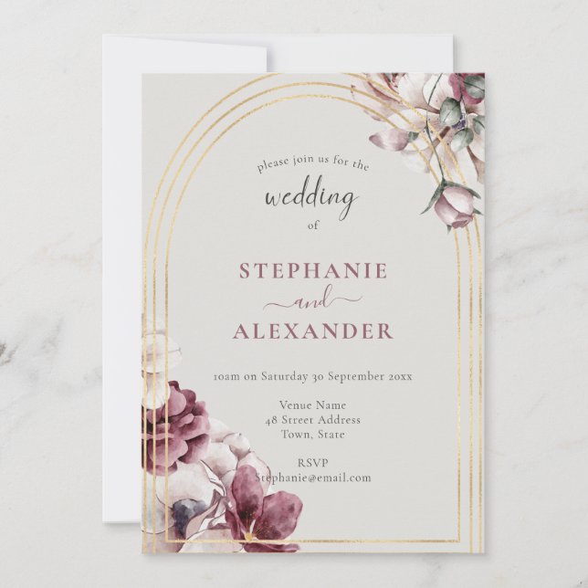 Dusty Plum Floral Wedding QR Code Invitation (Front)