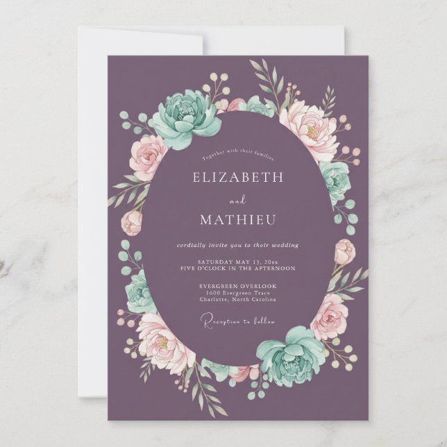 Dusty Plum Succulent Eucalyptus Wedding Invitation (Front)