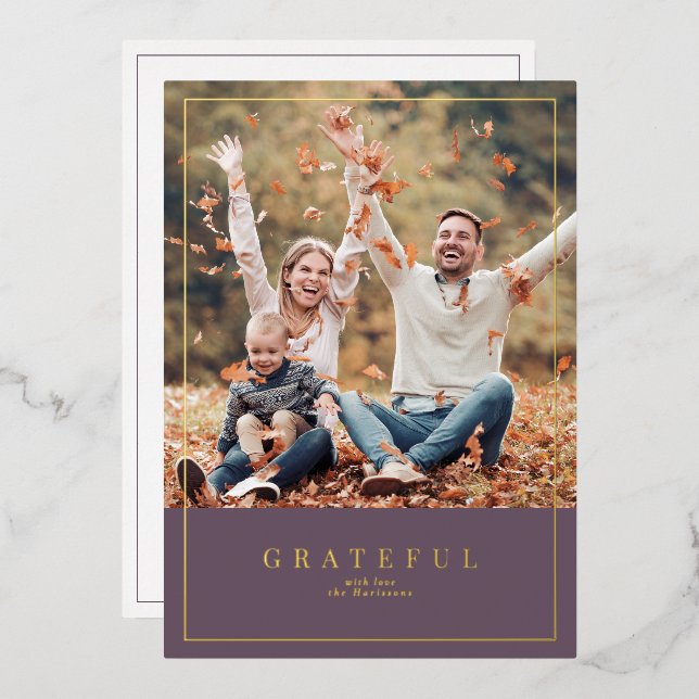 Dusty plum  Thanksgiving framed family photo  Foil Holiday Card (Front/Back)