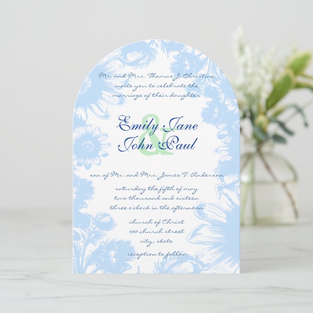 Dusty Powder Blue & Green Wedding Invitation (Standing Front)