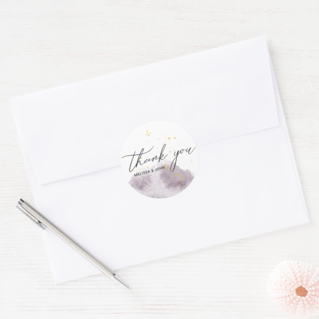 Dusty Purple And Faux Gold Monogram Thank You Classic Round Sticker (Envelope)