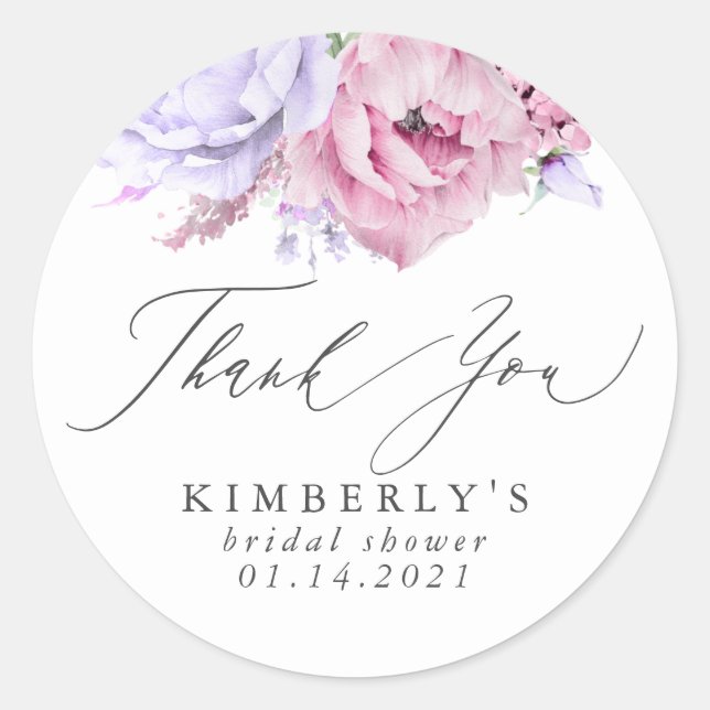 Dusty Purple and Pink Floral Botanical Thank You Classic Round Sticker (Front)