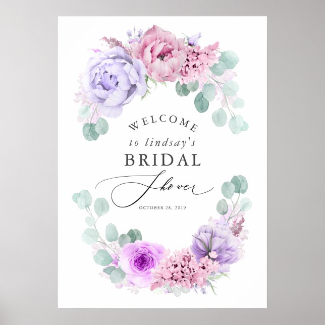 Dusty Purple and Pink Floral Bridal Shower Welcome Poster (Front)