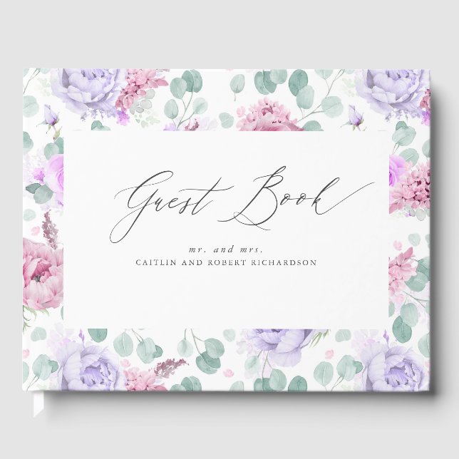 Dusty Purple and Pink Floral Elegant Wedding Guest Book (Front)