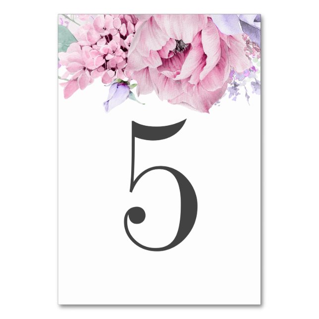Dusty Purple and Pink Floral Wedding Table Number (Front)