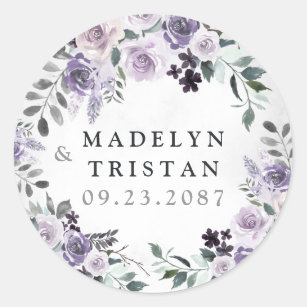 Dusty Purple and Silver Grey Floral Rustic Wedding Classic Round Sticker