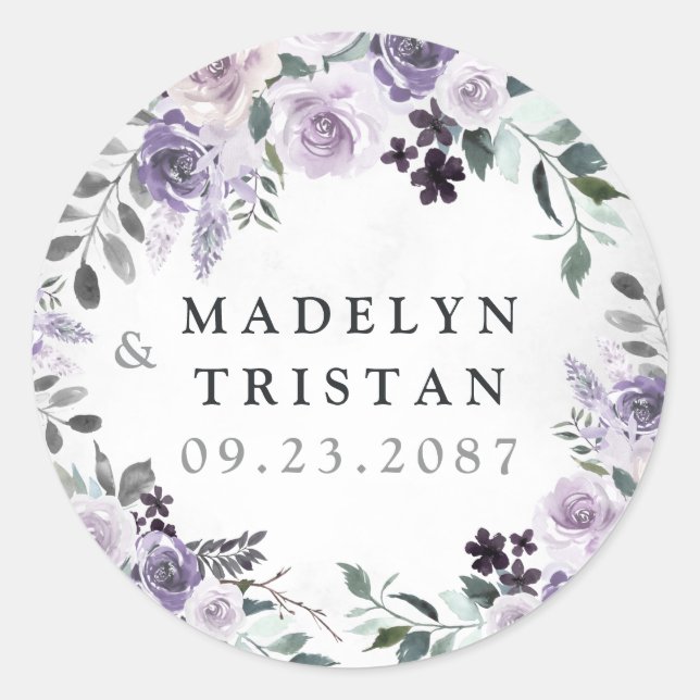 Dusty Purple and Silver Grey Floral Rustic Wedding Classic Round Sticker (Front)