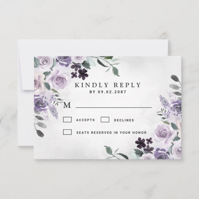 Dusty Purple and Silver Grey Floral Rustic Wedding RSVP Card (Front)