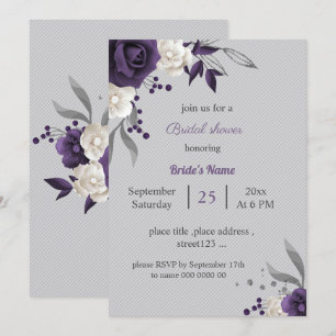 dusty purple and white flowers grey bridal shower invitation