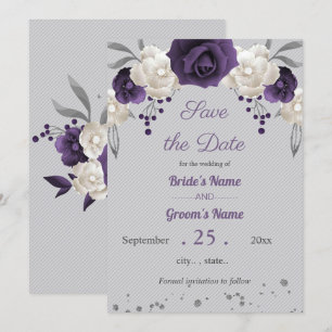 dusty purple and white flowers grey  save the date invitation