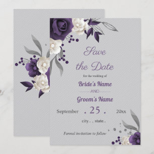 dusty purple and white flowers grey save the date invitation