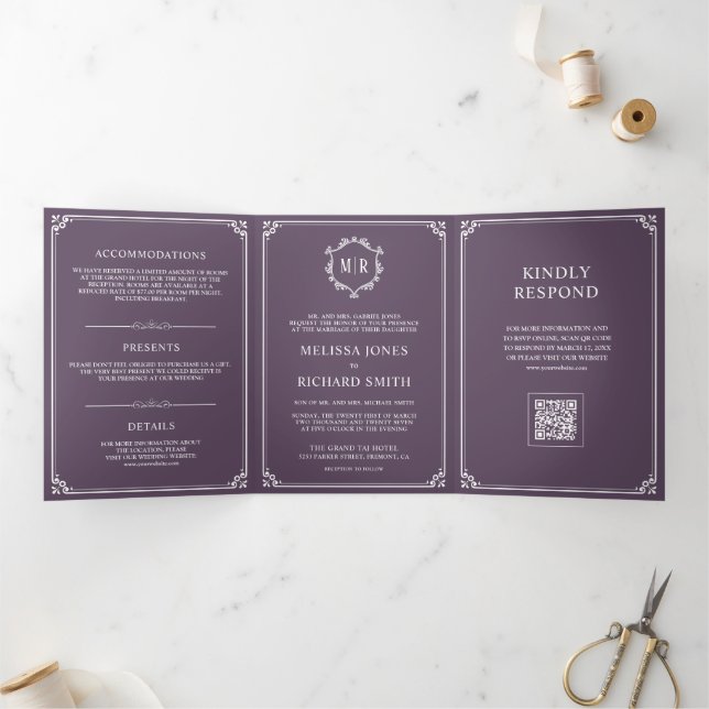 Dusty Purple and White Monogram QR Code Wedding Tri-Fold Invitation (Inside)
