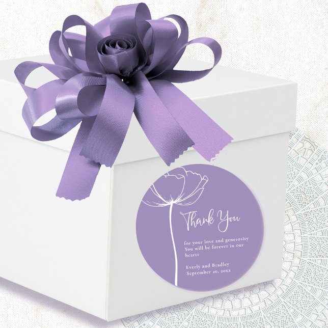 Dusty Purple Background Floral Wedding Thank You  Classic Round Sticker (Creator Uploaded)