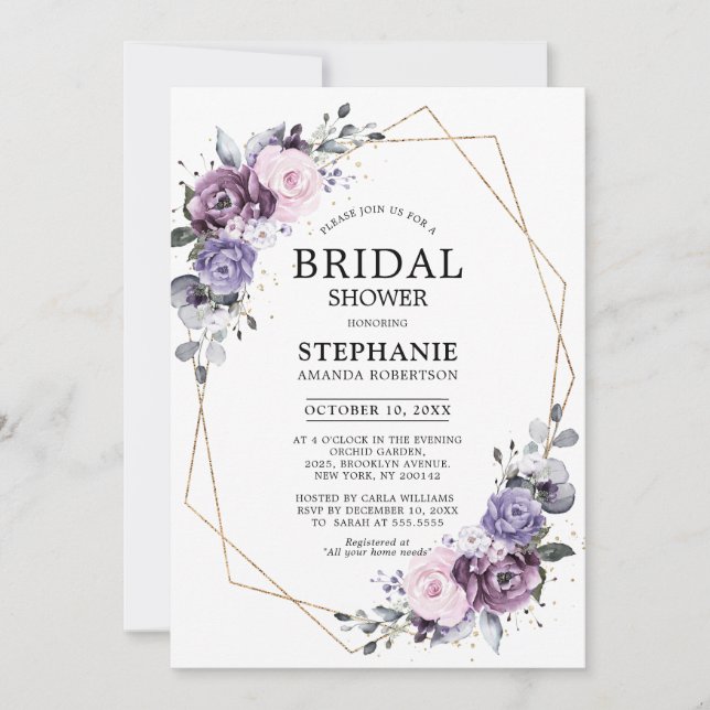 Dusty Purple Blooms Geometric Bridal Shower Invita Invitation (Front)