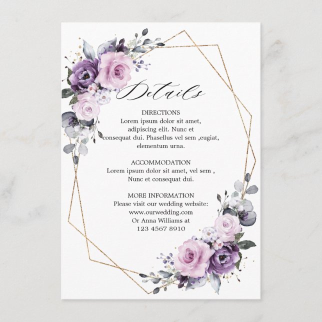 Dusty Purple Blooms Geometric Wedding Details Enclosure Card (Front)