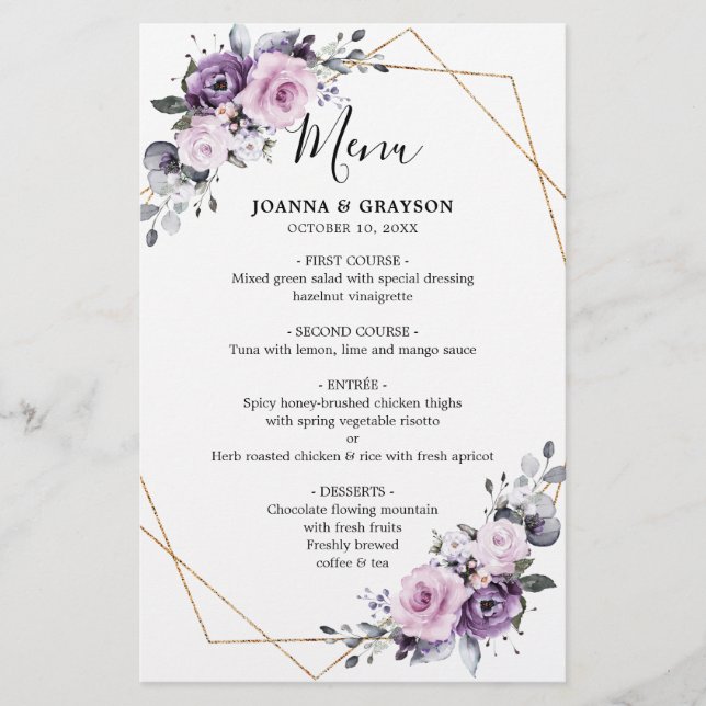 Dusty Purple Blooms Geometric Wedding Menu (Front)