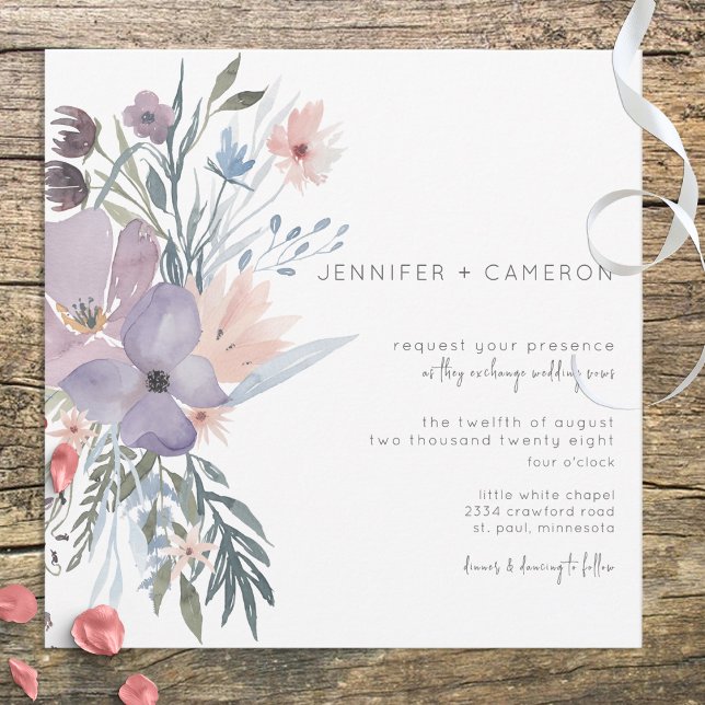 Dusty Purple & Blue Boho Floral Square Wedding Invitation (Creator Uploaded)