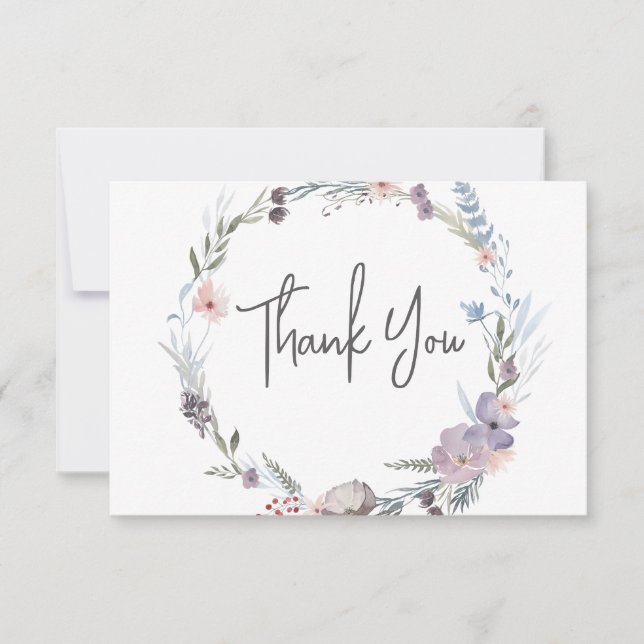 Dusty Purple & Blue Boho Floral Wedding Thank You Card (Front)
