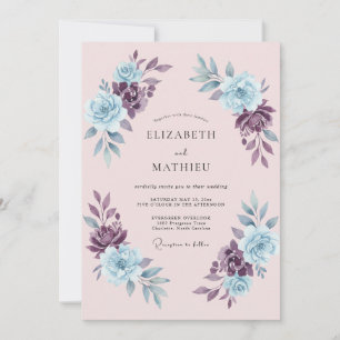Dusty Purple Blue Floral Romance Wedding Invitation