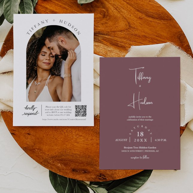 Dusty Purple Boho Wedding Arch Photo QR Code  Invitation (Creator Uploaded)