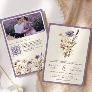 Dusty Purple Boho Wildflower Photo QR Code Wedding Invitation