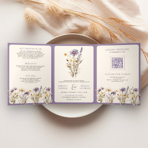 Dusty Purple Boho Wildflower Photo QR Code Wedding Tri-Fold Invitation