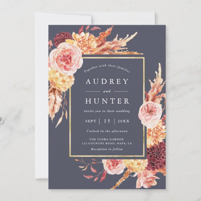 Dusty Purple Burgundy Terracotta Floral Wedding Invitation (Front)