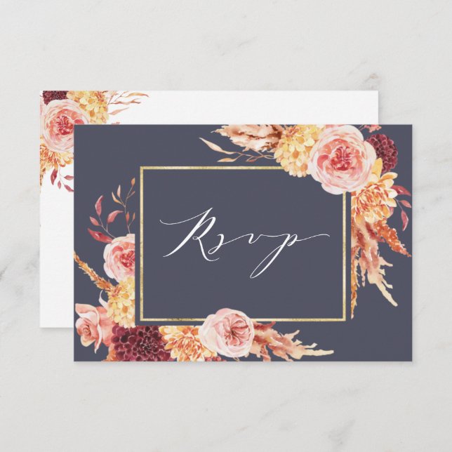 Dusty Purple Burgundy Terracotta Floral Wedding RSVP Card (Front/Back)