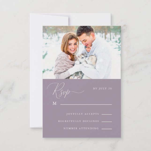 Dusty Purple Calligraphy and Floral Photo Rsvp (Front)