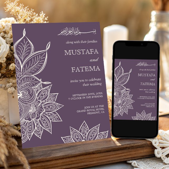 Dusty Purple Cream Mehndi Henna Muslim Wedding Invitation (Creator Uploaded)