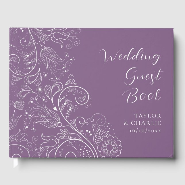 Dusty Purple Elegant Floral Wedding Guest Book (Front)