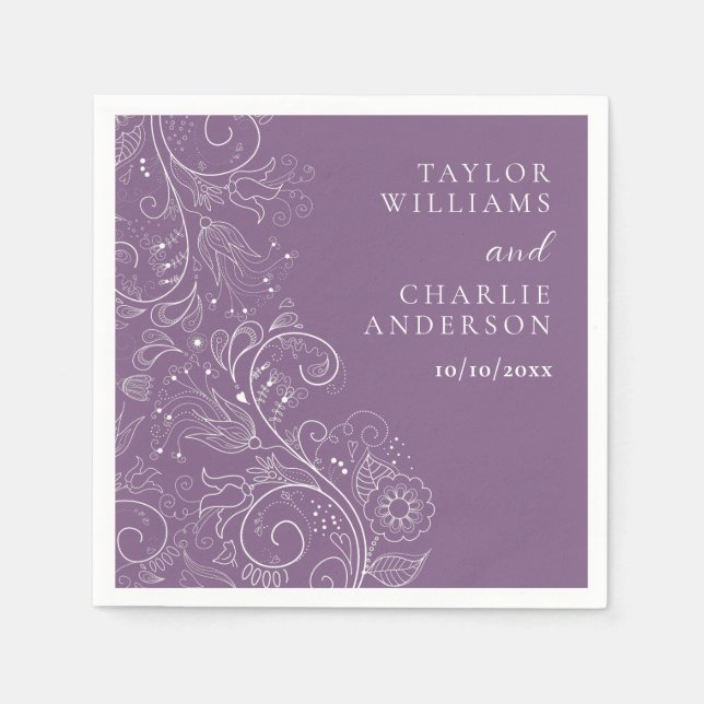 Dusty Purple Elegant Floral Wedding Napkin (Front)