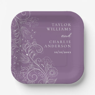 Dusty Purple Elegant Floral Wedding Paper Plate