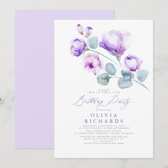 Dusty Purple Elegant Romantic Floral Birthday Invitation (Front/Back)