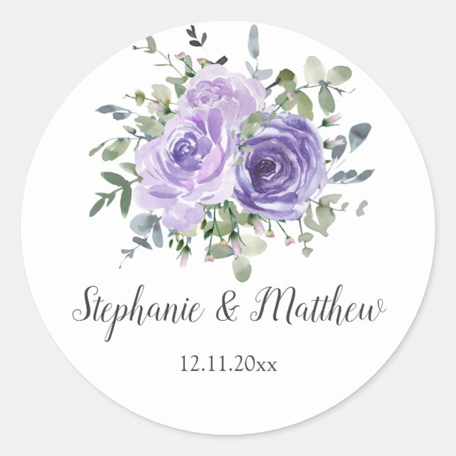 Dusty Purple Eucalyptus Botanical Floral Wedding Classic Round Sticker (Front)