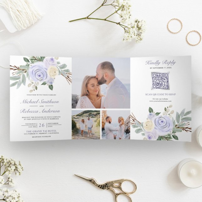 Dusty Purple Floral All in One QR Code Wedding Tri-Fold Invitation (Creator Uploaded)