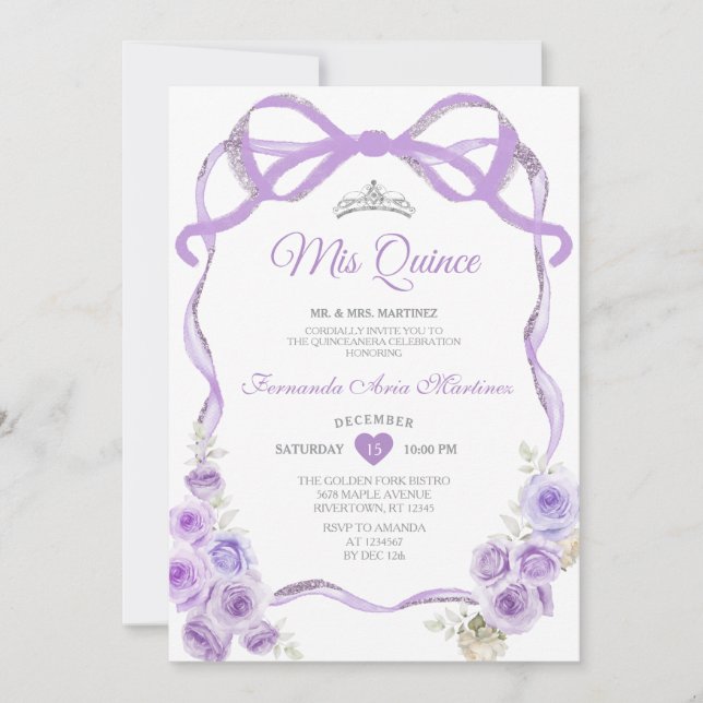 Dusty Purple Floral Bow Ribbon Silver Mis Quince Invitation (Front)