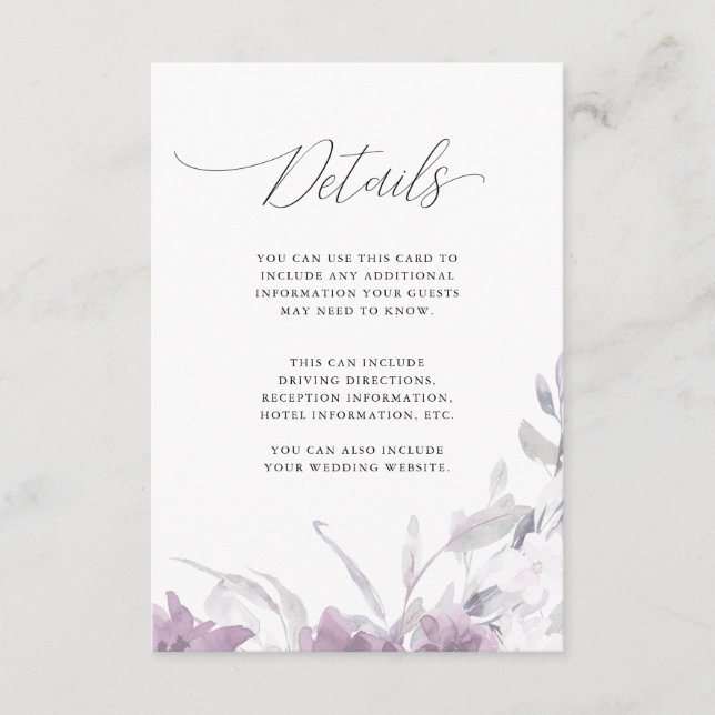 Dusty Purple Floral Calligraphy Wedding Details Enclosure Card (Front)