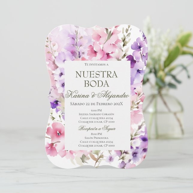 Dusty Purple Floral Elegant Boho Wedding Invitaion Invitation (Standing Front)