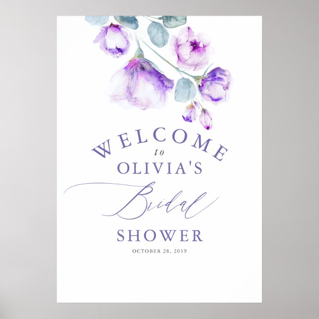 Dusty Purple Floral Elegant Bridal Shower Welcome Poster (Front)