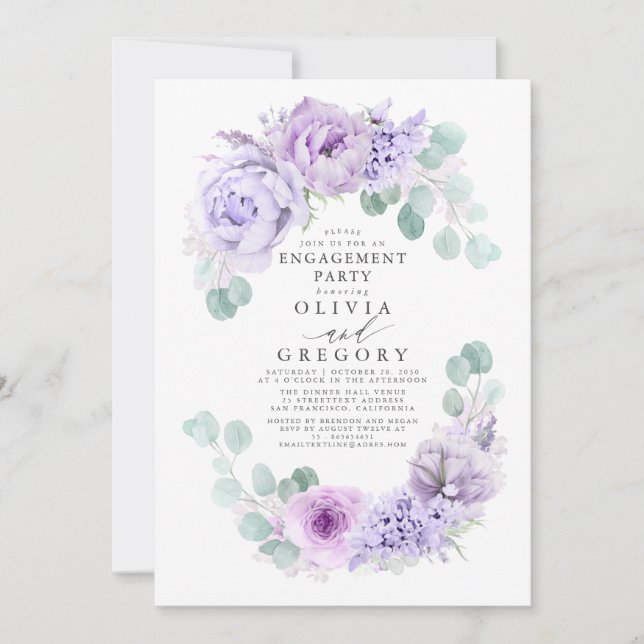 Dusty Purple Floral Elegant Engagement Party Invitation (Front)