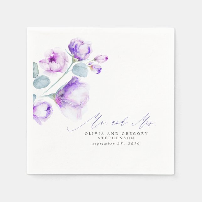 Dusty Purple Floral Elegant Mr and Mrs Wedding Napkin (Front)