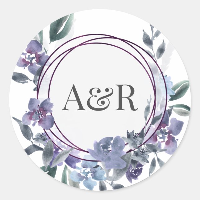 Dusty Purple Floral Garden Wedding Invitation, Classic Round Sticker (Front)