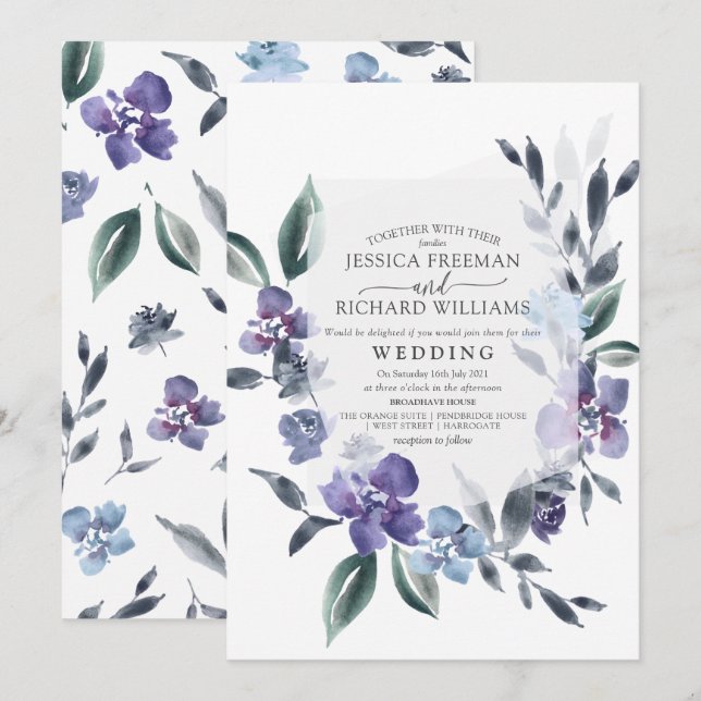 Dusty Purple Floral Garden Wedding Invitation, Invitation (Front/Back)