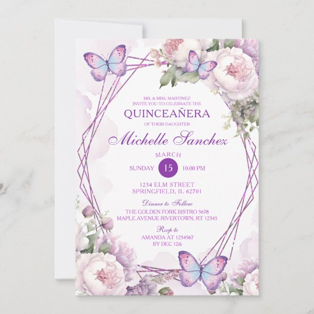 Dusty Purple Floral Girl Butterfly Quinceañera Invitation (Front)