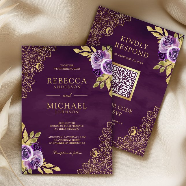 Dusty Purple Floral Gold Lace QR Code Wedding Invitation (Creator Uploaded)
